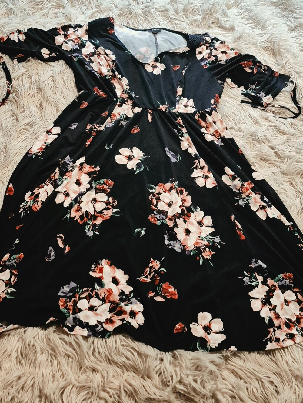 Torrid Black Midi Dress with Pink and Cream Floral Print